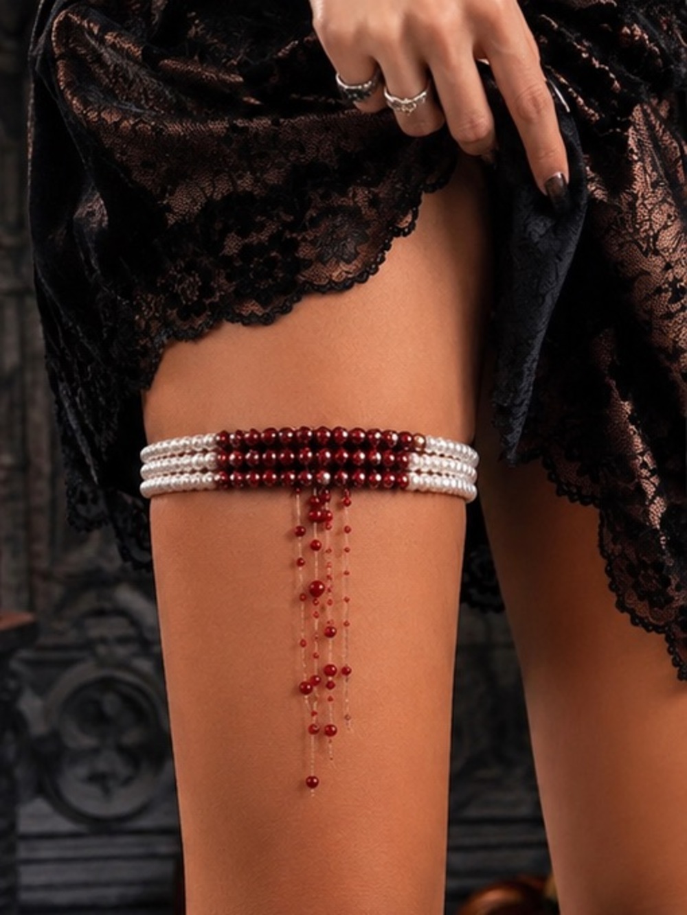 Gothic Pearl & Red Beaded Thigh Garter with Cascading Charm Strands